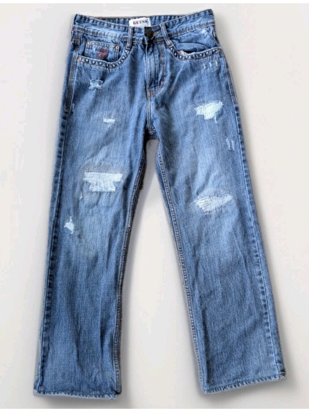 GUESS Originals x PLEASURES Jeans Mens 30x28 Distressed Denim Plaid Pocket 2023